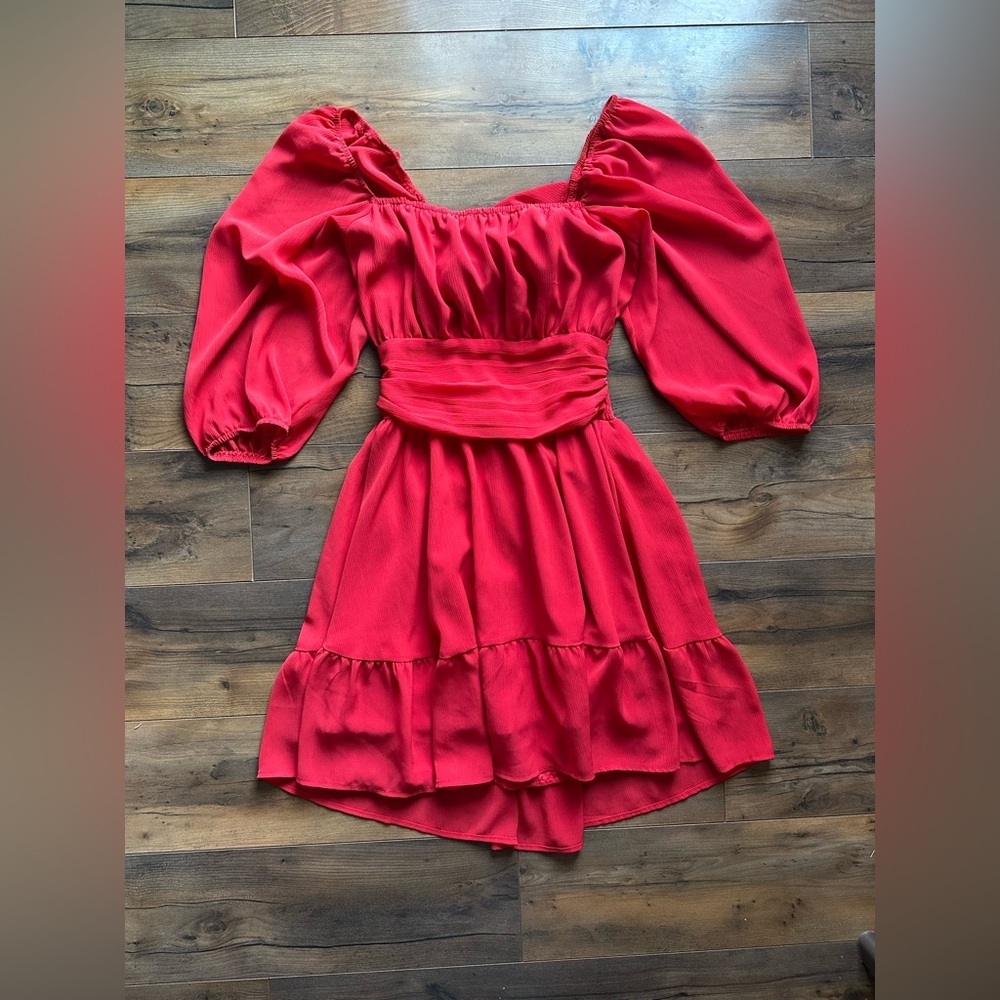 Exlura Red Puff Sleeve Tie Back Mini Dress XS Romantic Cottagecore